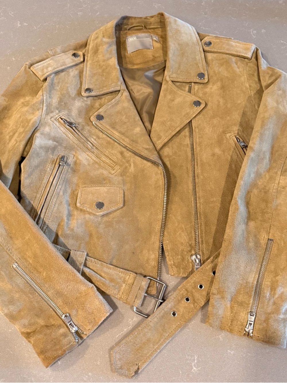 ASOS 100% Real Leather Suede Biker Jacket in Olive Green/Taupe Size 6